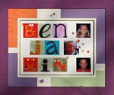 Encadrement du prénom Benjamin, réalisé avec les lettres stickers. Merci Agnès pour ces jolies couleurs!